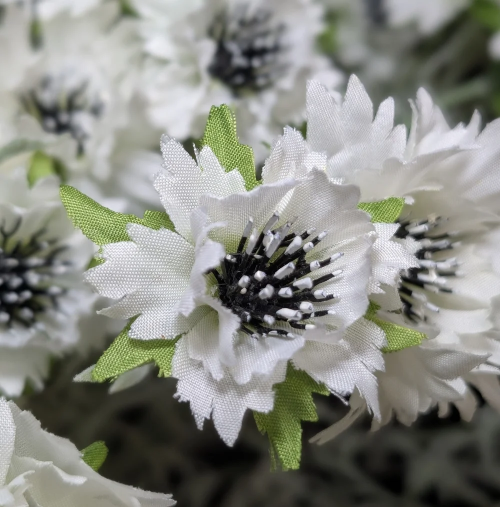 White Black Cornflower Bush Spray Faux Floral Design Artificial Flowers